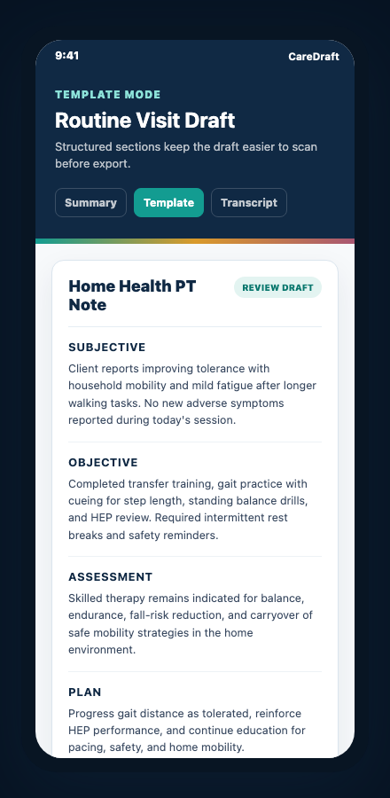 CareDraft template-mode note drafting layout
